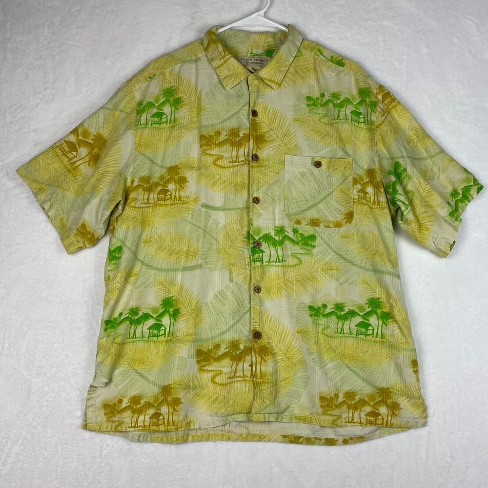 Island Republic Hawaiian Shirt Mens Large Yellow Green Short Sleeve Tropical